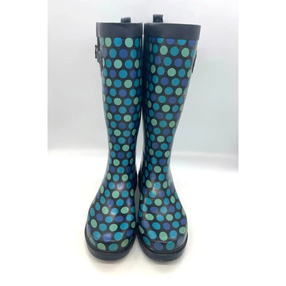 Capelli Women's New York Blue / Green Polka Dot Rubber Rain Boots Size 8